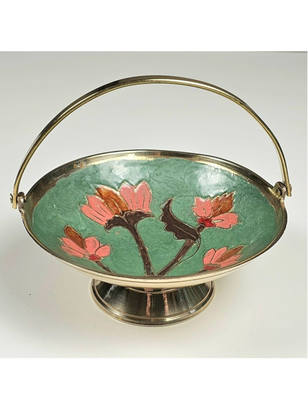 Vintage Indian Brass Enamel Trinket Dish Pedestal Basket Floral Mid Century 4.75